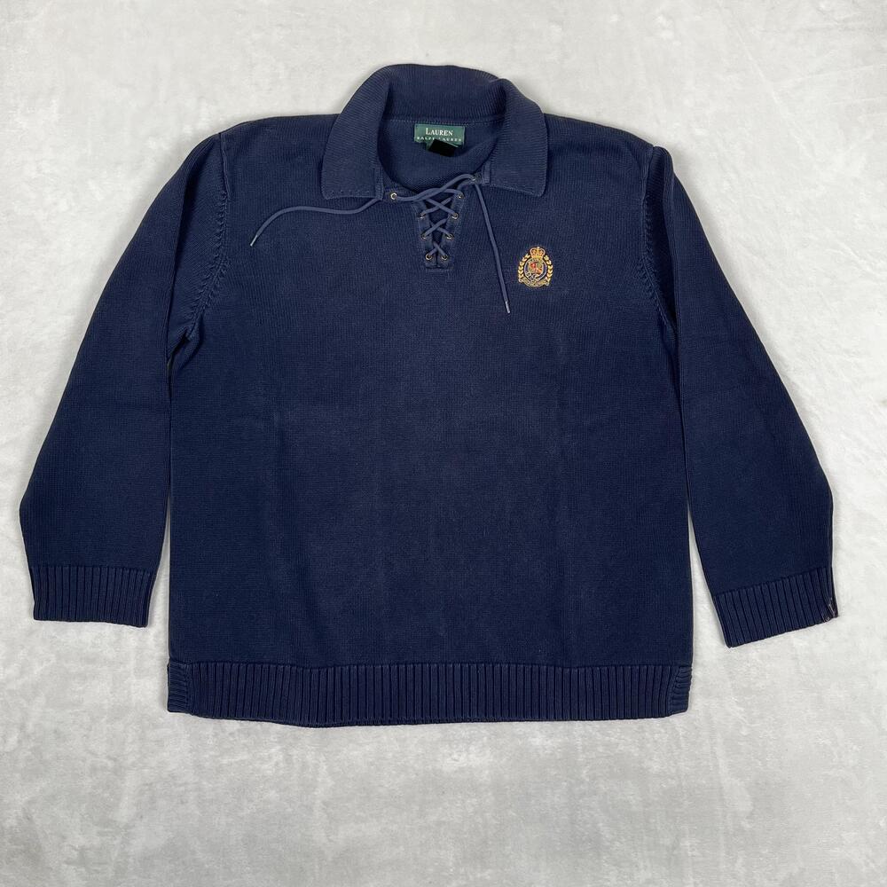Lauren Ralph Lauren Sweater Womens XL Blue Collared Lace Up Crest Logo Pullover